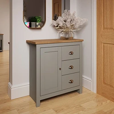 Image of Timber Art Design UK Lisbon 1 Door 3 Drawer Storage Cabinet Sideboard Grey for Modern Home, Living Room, Bedroom, Hallway in Oak Top and Finish