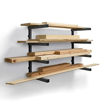 Image of Bora Wood Organizer and Lumber Storage Metal Rack with 4 level Wall Mount Indoor Outdoor Use, Black &amp; Gray PBR 004B