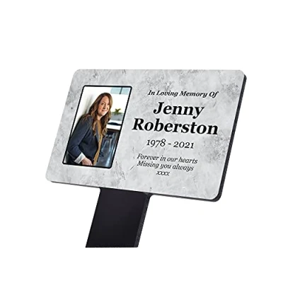 Image of Personalised Photo Memorial Gift. Grave Ornaments. Plaque With Stake. Choose from 3 Backgrounds. Waterproof Engraved Bereavement Gifts For Interior/Exterior Use.