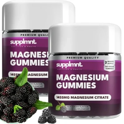 Image of supplmnt. Magnesium Gummies for Adults 120 BlackBerry Vegan 1455 Milligram of Citrate Offering 160 Gluten Free Supplement Women &amp; Men Double Pack