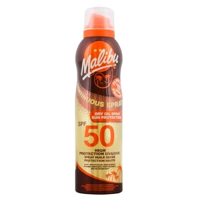 Image of Malibu Sun SPF 50 Continuous Dry Oil Spray For Tanning, High Protection, Vitamin Enriched, Water Resistant, 175ml