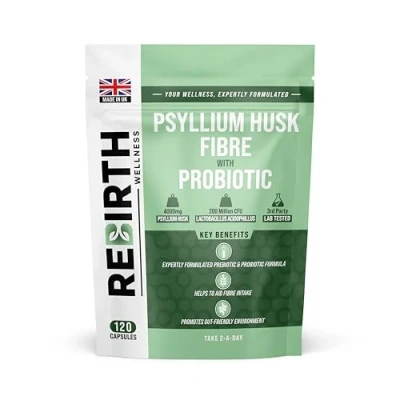 Image of Psyllium Husk Fibre Supplement 4000mg with Probiotic Acidophilus 120 Capsules, High Fiber for Digestion &amp; Gut Health,3rd Party Lab Tested, UK Made by Rebirth Wellness