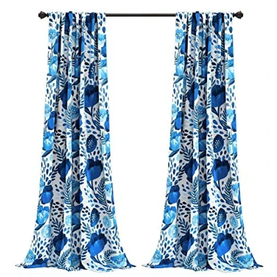 Image of Lush Decor x 52&quot;, Blue Poppy Garden Curtains Room Darkening Window Set for Living, Dining, Bedroom, 84 in L Panel Pair