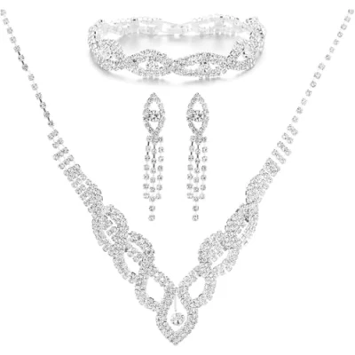 Image of TOEECY Bridal Wedding Jewellery Set Silver Rhinestone Necklaces Bracelet and Earrings Sparkly Crystal Dangle Drop Pearl for Bridesmaid Party (#3)
