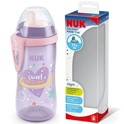 Image of NUK Kiddy Cup Night Toddler 12+ Months 300 ml Leak Proof Toughened Spout Glow in The Dark Clip &amp; Protective Cap BPA Free Purple