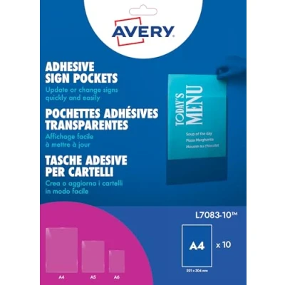 Image of Avery Printable, Customisable Repositionable Clear Sign Pocket A4 Sheet Size (221 x 304 mm)