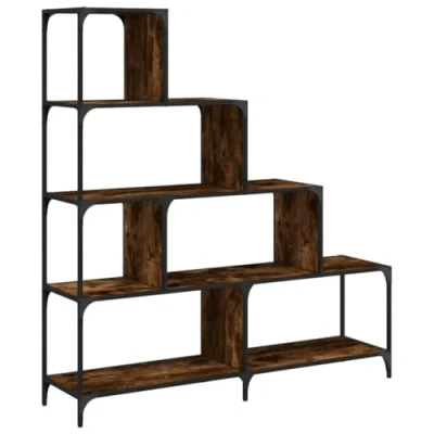 Image of vidaXL Smoked Oak Bookcase Engineered Wood 4 Stair Display Shelf, 139x33.5x149 cm, with Steel Frame for Living Room/Study