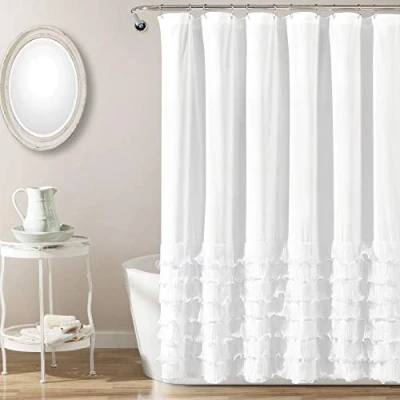 Image of Lush Decor Avery Shower Curtain Ruffled Vintage Chic Farmhouse Style Bathroom, 72 x 72, White