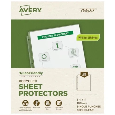 Image of Avery Semi Clear Recycled Economy Weight Sheet Protectors, Top Load, 100 Document Protectors (75537)