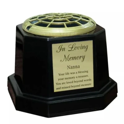 Image of Black Graveside Memorial Flower Vase with Gold In Loving Memory Plaque (Nanna)