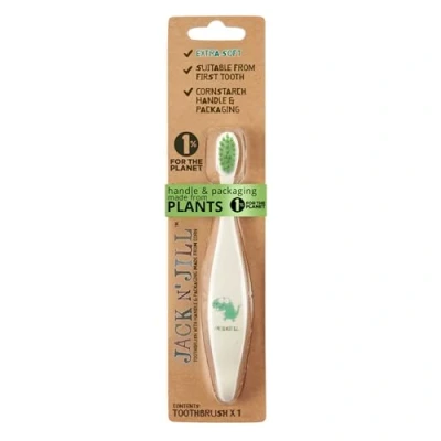 Image of Jack N&#039; Jill Kids Toothbrush Dino Toddler Cornstarch Also Suitable for and Babies, Ergonomic Handle, Extra Soft Bristles, Handle &amp; Packaging Made from Plants (Corn), 1 Pack