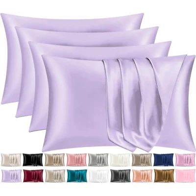 Image of Pamposh Satin Silk Pillowcases For Hair And Skin 4 Pack Standard Size with Envelope Closure (4 Pcs (50 x 75 cm), Purple)