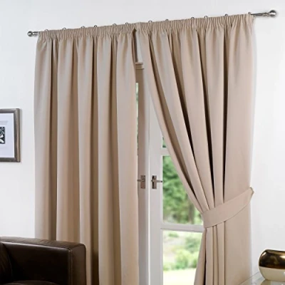 Image of Dreamscene Pencil Pleat Blackout Curtains Set of 2 Thermal Tape Top Heading Panels, Beige Natural Width 46&quot; x Drop 54&quot;
