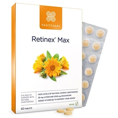 Image of Healthspan Retinex Max (60 Tablets) Long Term Vision and Eye Health 20mg Lutein &amp; 2,000ug Zeaxanthin Added Vitamin B2 Contributes to Normal Natural Source Carotenoids Vegan