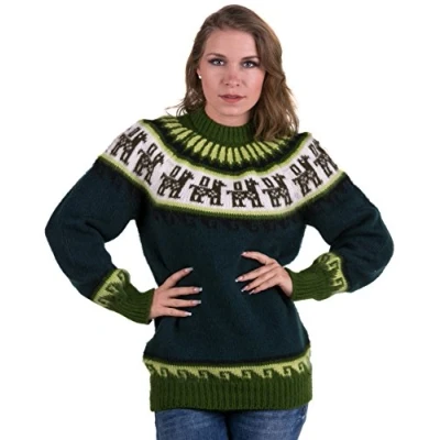 Image of Gamboa Fairisle Jumper Women Ladies Lightweight Nordic Knit Sweater Alpaca Temperature Regulation Green