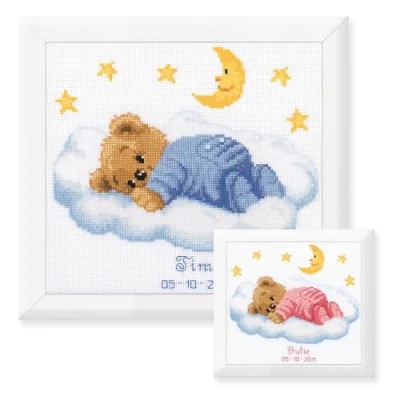 Image of Vervaco Birth Record Teddy on Clouds Counted Cross Stitch Kit, Multi Colour
