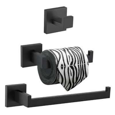 Image of TURS 3 Pieces Matte Black Toilet Accessories,SUS 304 Stainless Steel Robe Hooks,Toilet Roll Holder and Towel Rail Set,Chrome Bathroom Accessories,Bathroom Accessory Set,Wall Mounted,A7010B