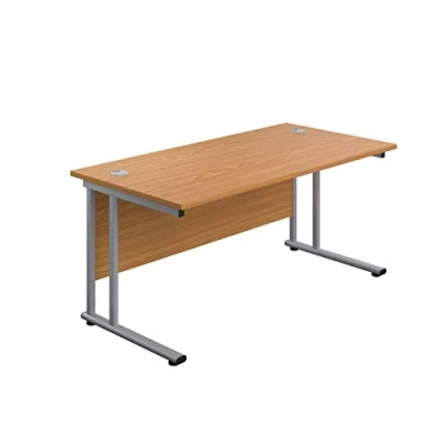 Image of Office Hippo Heavy Duty Rectangular Cantilever Desk, Home Table, Integrated Cable Ports, PC Desk For or Home, 5 Yr Wty Silver Frame/Oak Top, 160cm x 80cm