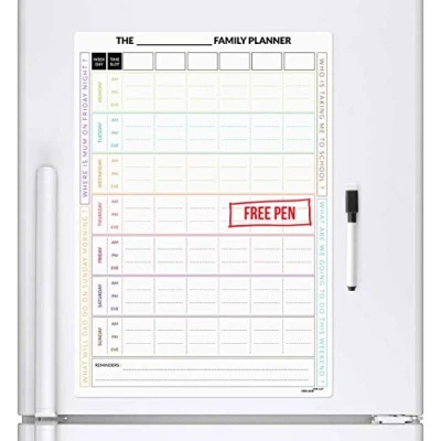 Image of CKB LTD® 7 Day Magnetic FAMILY PLANNER Fridge Board Space for up to 6 individuals Daily Weekly Chore Rota Task Reward Chart with Marker Pen Time Slots Morning Afternoon Evening Exam Organised