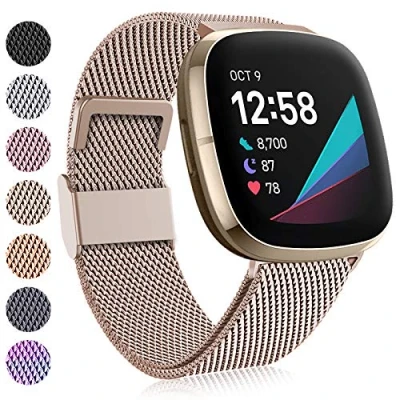Image of Faliogo Compatible with Fitbit Versa 3 Strap/Fitbit 4 Sense Strap, Adjustable Stainless Steel Metal Replacement Strap Magnet Lock for 4/Versa 3/Sense, Small Vintage Gold