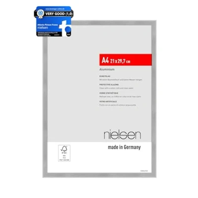 Image of nielsen Atlanta Photo Frame A4, 21x29.7cm Aluminium Picture Frame, Silver with Protective Acrylic Glazing and Push Turn Clips Brushed Frosted