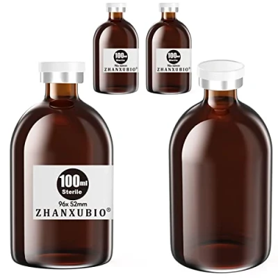 Image of ZHANXUBIO Sterile Empty Vials with Self Healing Injection Port and Aluminum Plastic Cap,Sterile Package (100ml Amber 4PCS)