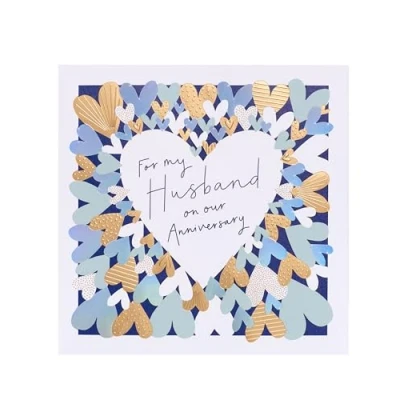 Image of UK Greetings Anniversary Card for Husband Gold &amp; Blue Hearts Design