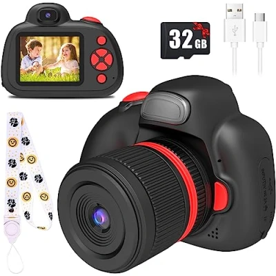 Image of BaFuland Children&#039;s Camera, Digital Camera for Children from 3 to 10 Years, 2.4 Inch IPS Screen, with Flash, 32G Card Included, Toys Birthday Gift Black