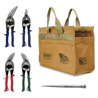 Image of MIDWEST BUILDING Tool Kit 5 Piece Set includes Aviation Snips with Scratch Awl &amp; Bag MWT BULDKIT01