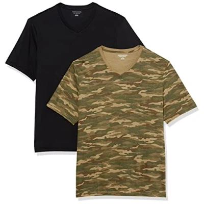 Image of Amazon Essentials Men&#039;s Short Sleeve V Neck T Shirts, Pack of 2, Black/Camo Print, XXL