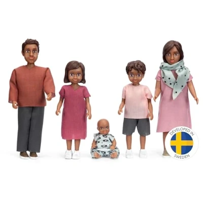 Image of Lundby Dolls House People Toy Doll Set Nikki Family of 5 2 Adults + 3 Children for Dollhouse Furniture and Accessories Small Plastic Ethnic Mini Playsets Age 3+ 1:18