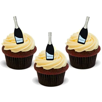 Image of 12 x Prosecco Champagne Bottles Fun Novelty Birthday Premium Stand UP Edible Wafer Card Cake Toppers Decorations