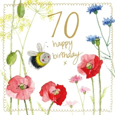 Image of Alex Clark Bee Birthday Foil Card 70th Birthday, 70 year old Bees Floral Nature Plants Greeting Cards To Celebrate Designed and Printed in the UK…