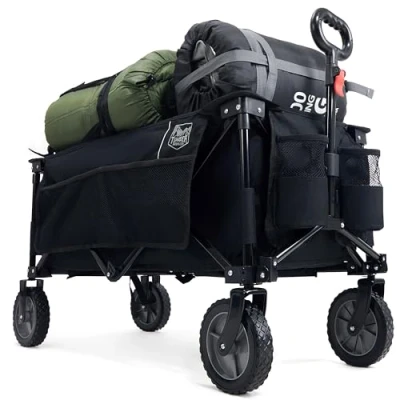 Image of TIMBER RIDGE Festival Trolley on Wheels, Folding Camping Wagon with Adjustable Handle &amp; Cup Holder, Collapsible Beach Cart Foldable for Outdoor Garden Picnic Shopping 100KG Capacity, Black