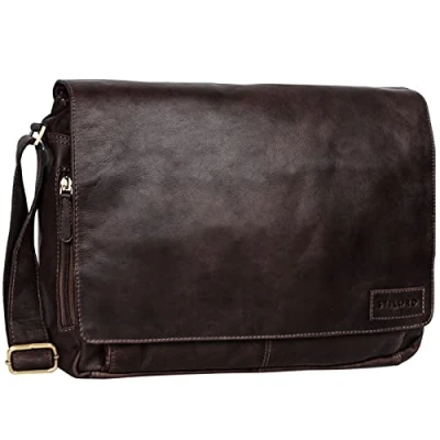 Image of STILORD &#039;Rick&#039; Vintage Shoulder Bag Leather Satchel Laptop 15.6 inches Messenger Genuine Buff Leather, Colour:Cognac Dark Brown