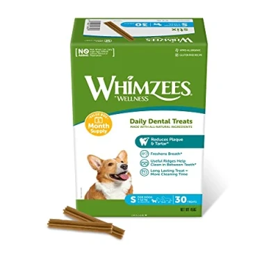 Image of WHIMZEES By Wellness Stix, Month Box, Natural and Grain Free Dog Chews, Dental Sticks for Small Breeds, 30 Pieces (One Supply), Size S