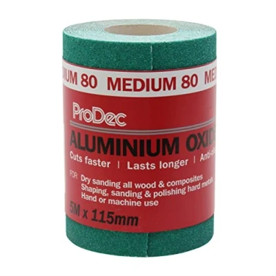 Image of ProDec 5m Roll 80 Grit Medium Grade Green Aluminium Oxide Abrasive Sanding Paper for Wood, Paint, Plaster, Filler, Metal and More, 115mm Wide Sandpaper Compatible with Machine Sanders