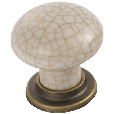 Image of Fingertip Design Porcelain Crackle Glaze Mushroom Cabinet Cupboard Knob Ivory on Antique Brass Base (ABIC) (35mm diameter knob)