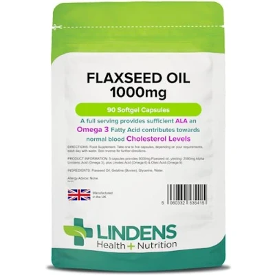 Image of Lindens Flaxseed Oil 1000mg 90 Capsules UK Made Source of Omega 3 6 9, High in Alpha Linoleic Acid (ALA), Maintenance Normal Blood Cholesterol Level, Fish Alternative,Letterbox Friendly