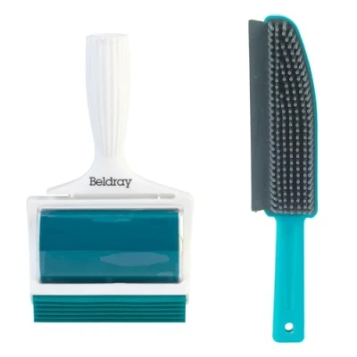 Image of Beldray COMBO 8832 Pet Plus+ Lint Roller &amp; Upholstery Brush Set TPR Gel Hair Remover With Squeegee, Sticky Washable Reusable, Rubber Bristles Capture Dust Dirt, Scraper Lip, For Clothes/Car