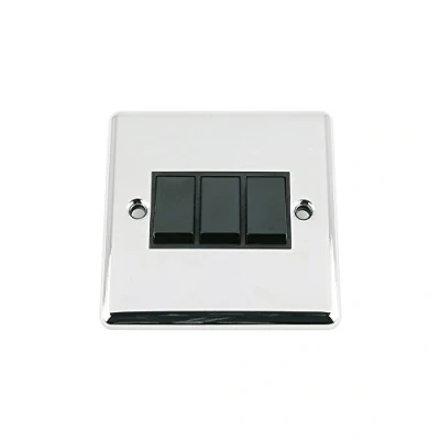 Image of A5 Light Switch 3 Gang Polished Chrome Classic BLack Insert Plastic 10 Amp Triple 2 Way