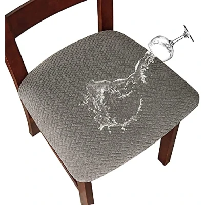 Image of LANSHENG Chair Seat Covers for Dining Room Jacquard Washable Stretch Waterproof Slipcovers Protector Set of 4 Kitchen with Buckle (Light Grey, 4)