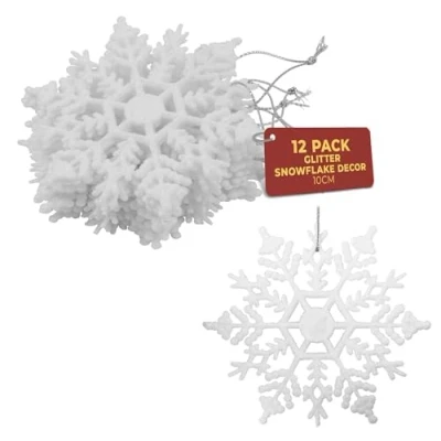 Image of Festive Fix 10cm Hanging Glitter Snowflake Decorations in 12 Pack White Christmas for Holiday and Party Ornaments Tree