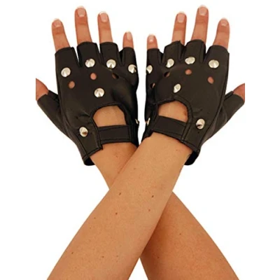 Image of Ladies Black Faux Leather Studded Fingerless Biker Fancy Dress Costume Gloves