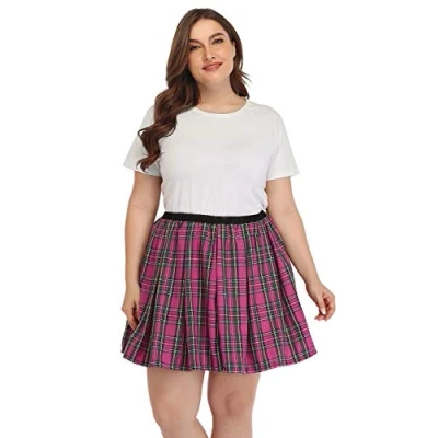 Image of HDE Plus Size Skirt Plaid Mini Skater Skirts Pleated School Girl Lingerie pink 20