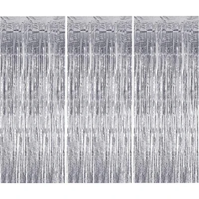 Image of 3 Pack Metallic Tinsel Curtains, Foil Fringe Shimmer Curtain Party Backdrop for Wedding Birthday Door Windows Decorations Silver