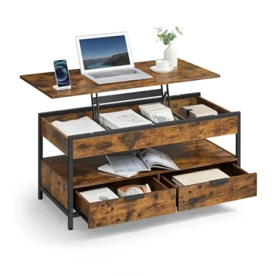 Image of VASAGLE Lift Top Coffee Table, Living Room with Storage Drawers, Hidden Compartments, and Open Shelf, Rustic Brown Ink Black LCT209K01