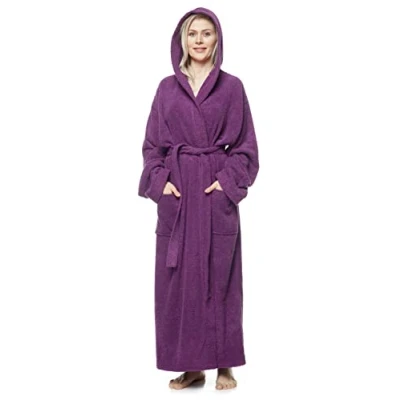 Image of Arus Women&#039;s bathrobe with hood, full length, 100% cotton terry, women`s size: XL long, unisex L Plum
