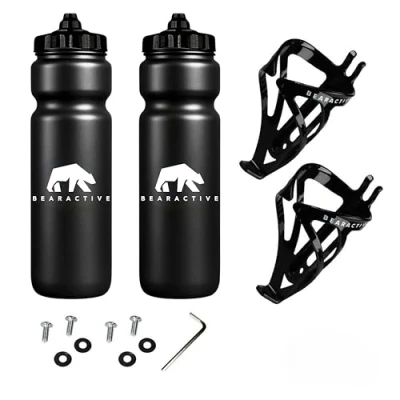 Image of Bearactive 2 Pack Bike Bottle Holder with 750ml BPA Free Leak Proof Bicycle Squeeze Valve Lid Lightweight Plastic Cages Screws for Road &amp; Mountain Bikes