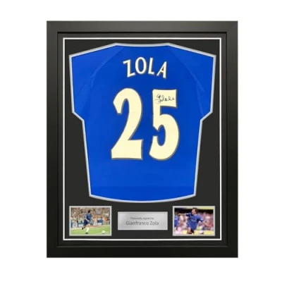 Image of Exclusive Memorabilia Gianfranco Zola Signed Chelsea 2000 Football Shirt. Standard Frame
